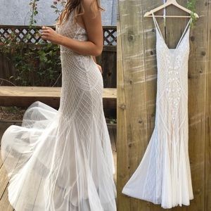 White Beaded Lace and Sequin Art Deco Mermaid Gown 🌿